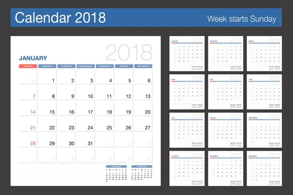 Kalender 2018. Tischkalender moderne Design-Vorlage. Woche beginnt — Stockvektor