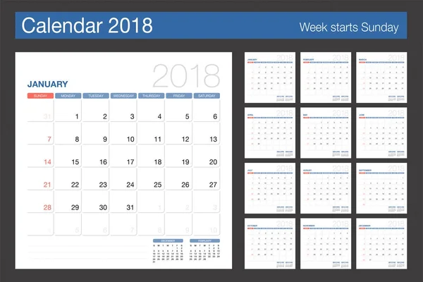 Календарь 2018 года. Современный шаблон дизайна настольного календаря. Неделя начинается — стоковый вектор