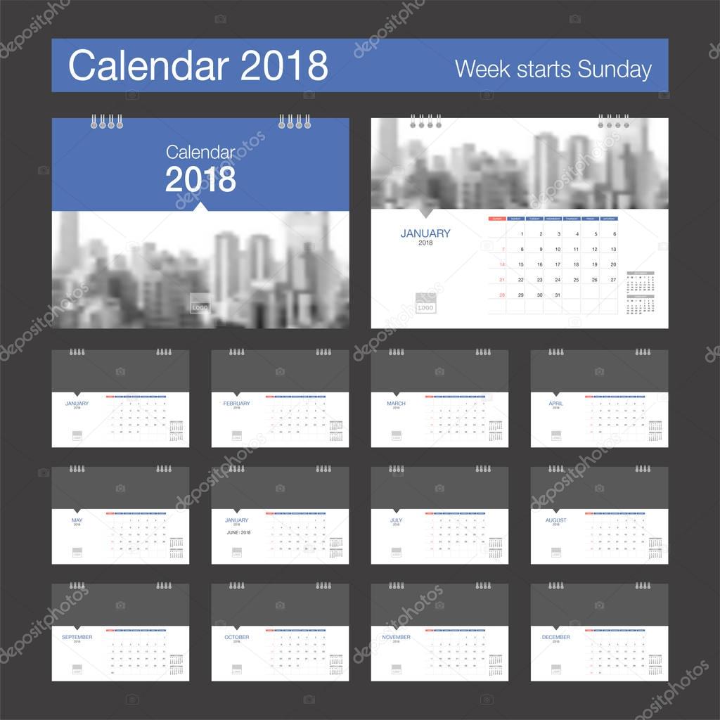 2018 Calendar. Desk Calendar modern design template with place f