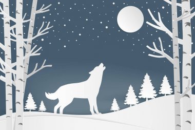 Merry Christmas ve kış tebrik kartı sezon. Ormanda kurt 