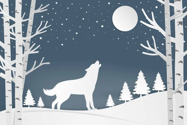 Wesołych Świąt i zima sezon kartkę z życzeniami. Wilk w lesie — Wektor stockowy