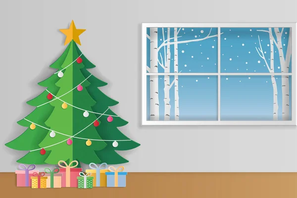 Frohe Weihnachten und Winter Grußkarte. Weihnachtsbaum und Geschenkschachteln mit winterlichem Hintergrund vor dem Fenster. Papierkunststil. — Stockvektor