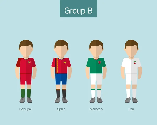 2018 Uniforme calcio o squadra di calcio. Gruppo B con PORTOGALLO, SPAGNA, MAROCCO, IRLANDA . — Vettoriale Stock