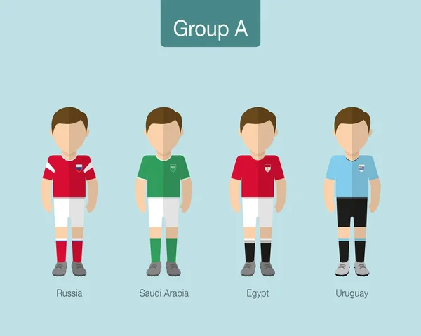 2018 Uniforme de fútbol o equipo de fútbol. Grupo A con RUSIA, ARABIA SAUDITA, EGIPTO, URUGUAY . — Vector de stock