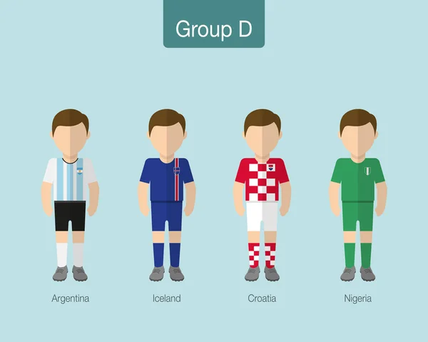 2018 Uniforme de fútbol o equipo de fútbol. Grupo D con ARGENTINA, ISLANDIA, CROACIA, NIGERIA . — Vector de stock
