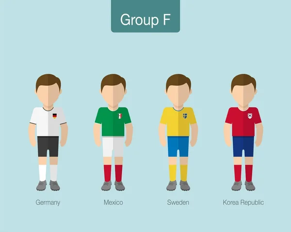 2018 Uniforme de fútbol o equipo de fútbol. Grupo F con ALEMANIA, MÉXICO, SUECIA, REPÚBLICA COREA . — Vector de stock
