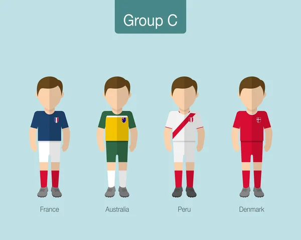 2018 Uniforme de fútbol o equipo de fútbol. Grupo C con FRANCIA, AUSTRALIA, PERÚ, DINAMARCA . — Vector de stock