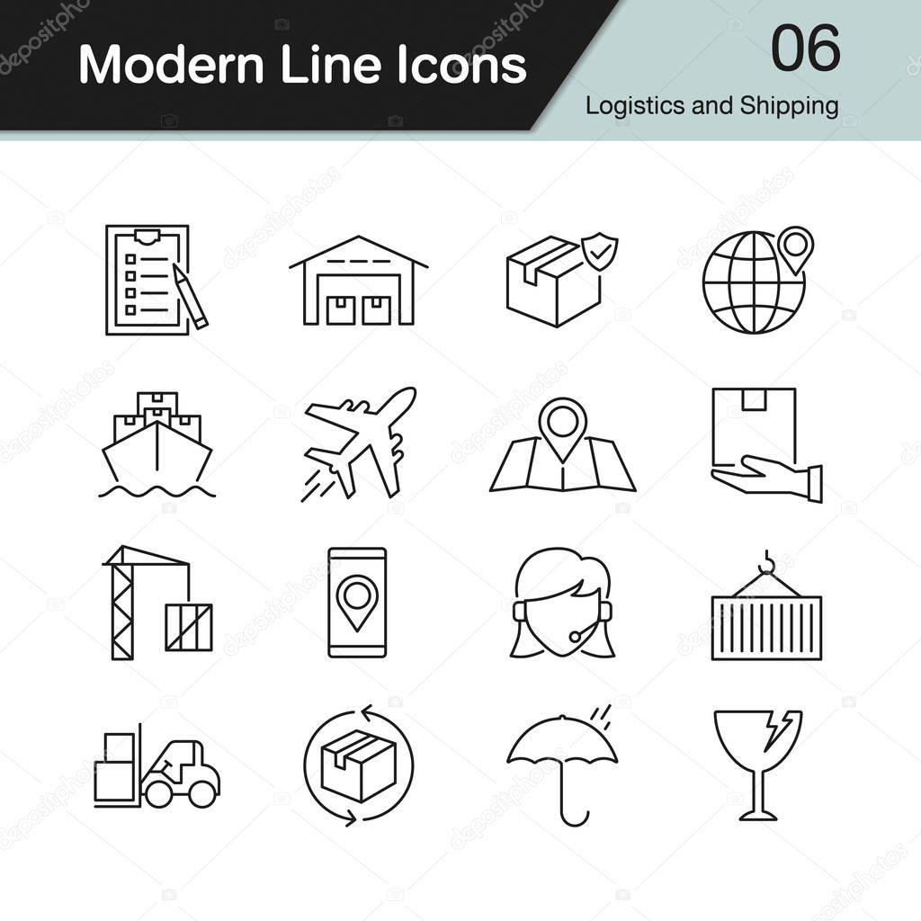 Logistics and Shipping icons. Modern line design set 6.