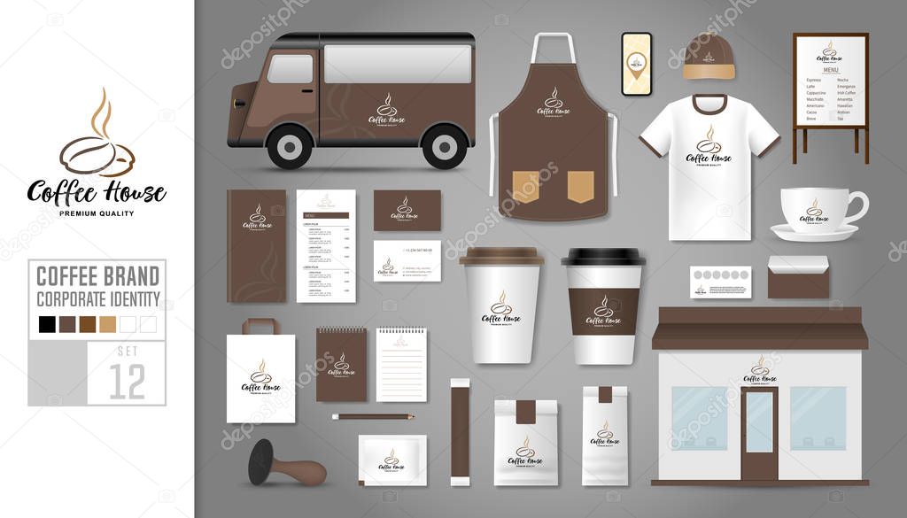 Corporate identity template Set 12. Logo concept for coffee shop, cafe, restaurant. Realistic mock up template set of store, car, t shirt, apron, cap, cup, menu, name card, coupon, package, rubber stamp, mobile application, bunting, tag.