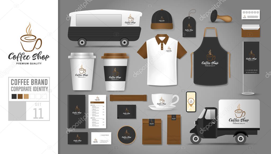 Corporate identity template Set 11. Logo concept for coffee shop, cafe, restaurant. Realistic mock up template set of car, polo shirt, apron, cap, cup, menu, name card, coupon, package, rubber stamp, mobile application, bunting, tag.