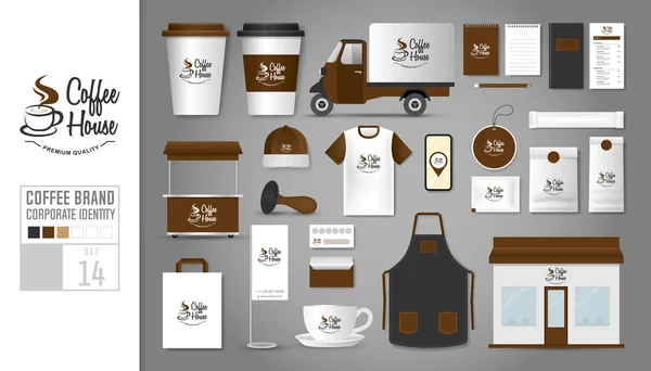 Modelo de identidade corporativa Conjunto 14. Conceito de logotipo para café, café, restaurante . —  Vetores de Stock