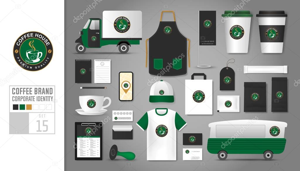 Corporate identity template Set 15. Logo concept for coffee shop, cafe, restaurant. Realistic mock up template set of store, car, t-shirt, apron, cap, cup, menu, name card, coupon, package, rubber stamp, mobile application, bunting, tag.