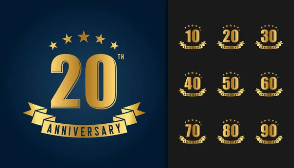 Verjaardag logo set. Gouden jubileum viering embleem met lint ontwerp. — Stockvector
