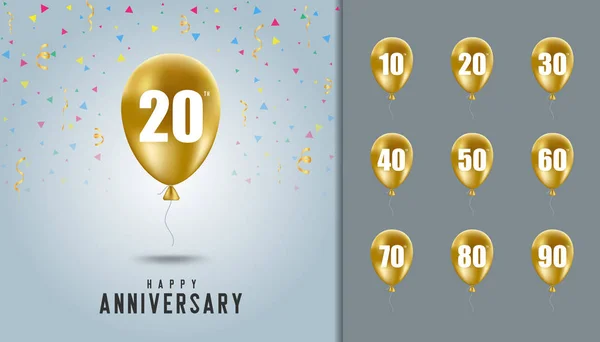 Uppsättning av lyckliga årsdagen bakgrund. Gyllene ballong med anniversary celebration bakgrund. — Stock vektor