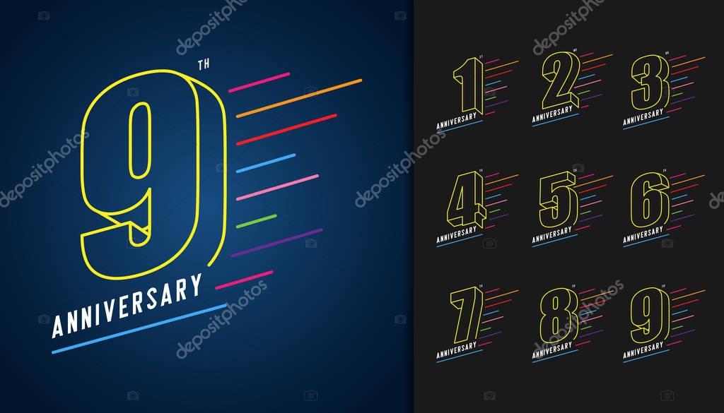 Set of anniversary logotype. Colorful anniversary celebration icons design for booklet, leaflet, magazine, brochure poster, web, invitation or greeting card. Vector illustration.