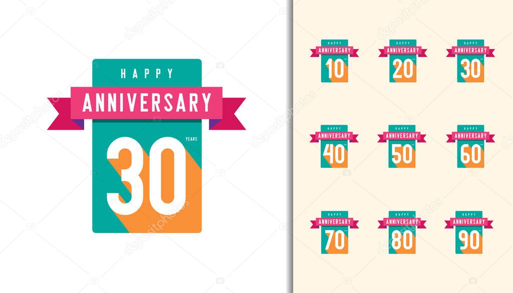 Set of anniversary logotype. Colorful anniversary celebration icons.