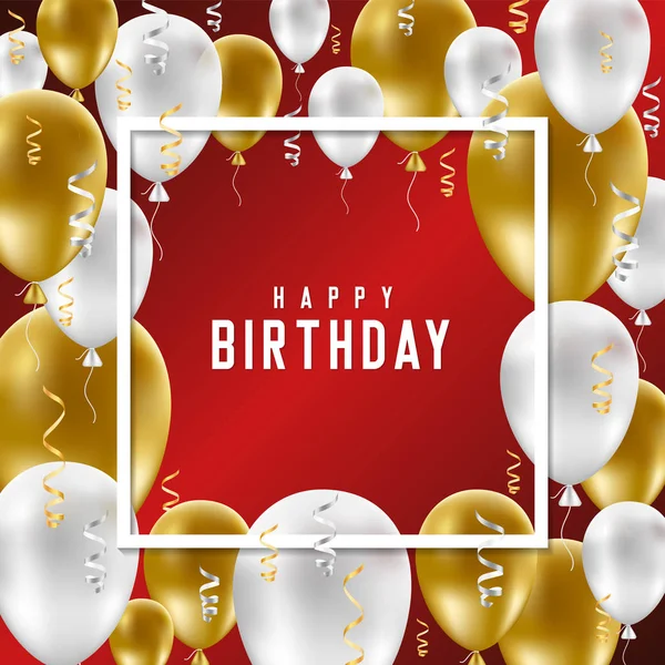 Glückwunschkarte zum Geburtstag mit goldenen und weißen Luftballons auf rotem Hintergrund. — Stockvektor