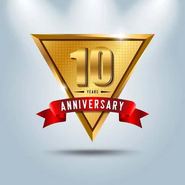 5 anni anniversario celebrazione logotipo. Emblema anniversario d'oro con nastro rosso . — Vettoriale Stock