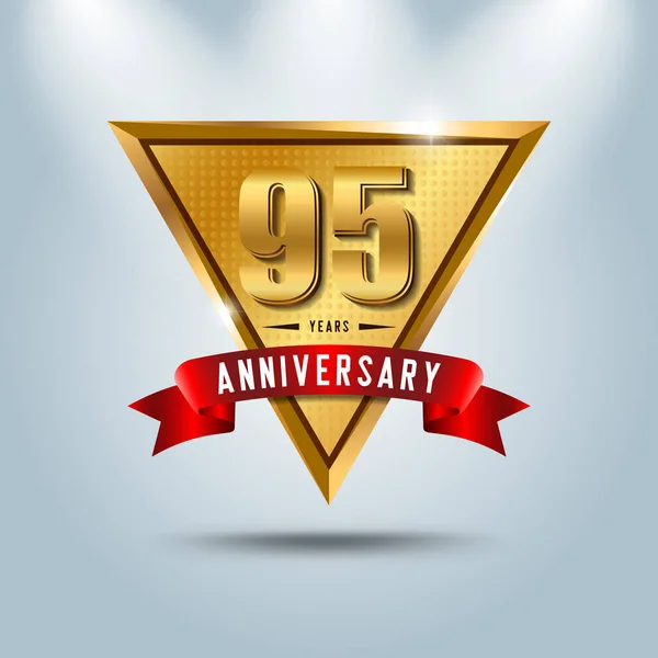 95 χρόνια επέτειο εορτασμού λογότυπο. Χρυσή επέτειος έμβλημα με κόκκινη κορδέλα. — Διανυσματικό Αρχείο