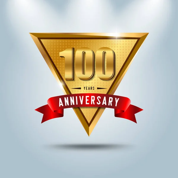 100 jaar verjaardag viering logo. Gouden jubileum embleem met rood lint. — Stockvector
