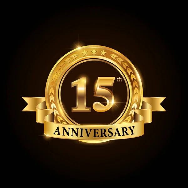 15 års jubileum firande logotyp. Golden anniversary emblem med band. — Stock vektor