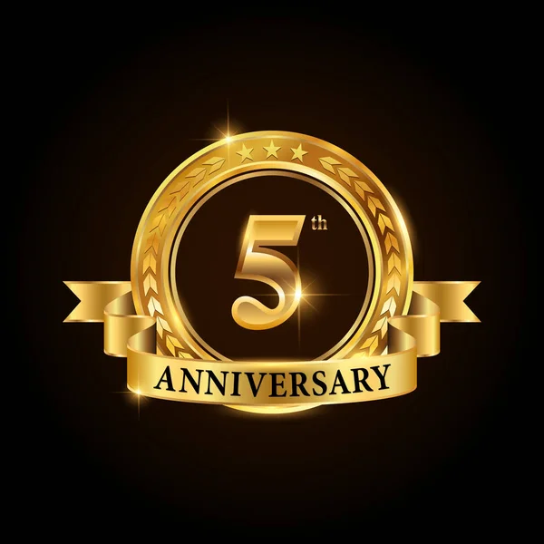 5 years anniversary celebration logotype. Golden anniversary emblem with ribbon. — Stock Vector