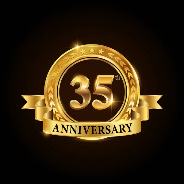 35 års jubileum firande logotyp. Golden anniversary emblem med band. — Stock vektor