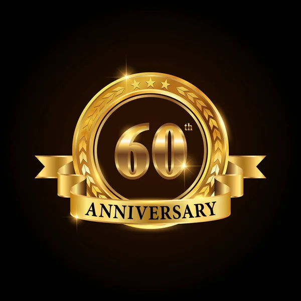 Logotype de célébration de 60 ans. Emblème d'anniversaire d'or avec ruban . — Image vectorielle