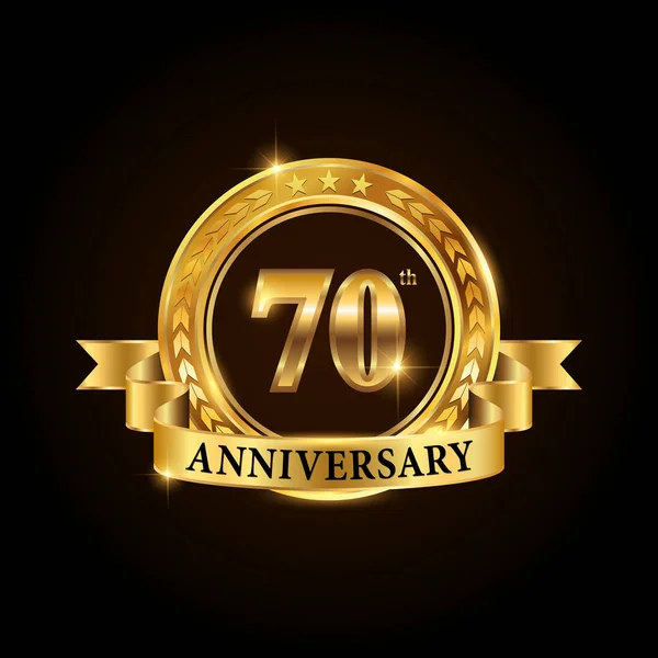 Λογότυπο εορτασμού επετείου 70 χρόνια. Χρυσή επέτειος έμβλημα με κορδέλα. — Διανυσματικό Αρχείο