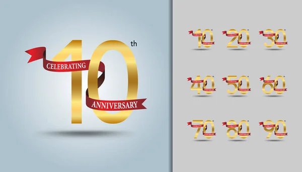 Verjaardag logo set. Gouden jubileum viering embleem met rood lint. — Stockvector