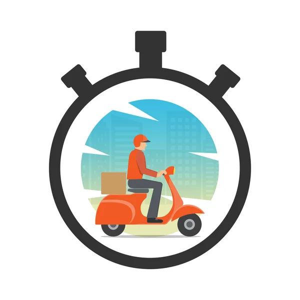 Concepto de icono de entrega urgente. Stop watch con entrega hombre paseo moto moto y fondo de la ciudad para el servicio, orden, rápido, envío gratis y mundial . — Vector de stock
