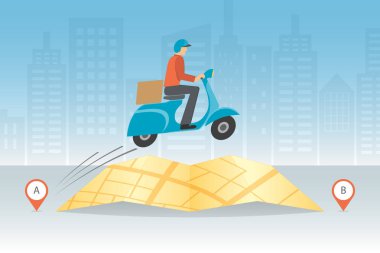 Ekspres teslimat kavramı. Teslimatçı ile şehir arka plan harita üstünden atlayarak scooter motosiklet binmek. Hızlı ve ücretsiz dünya çapında nakliye.