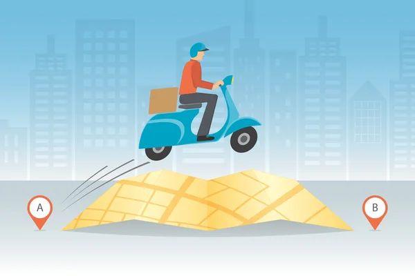 Express delivery concept. Delivery man ride scooter motorcycle jumping over the map with city background. Fast and free worldwide shipping. — Stock Vector