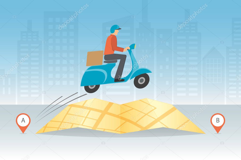 Express delivery concept. Delivery man ride scooter motorcycle jumping over the map with city background. Fast and free worldwide shipping.