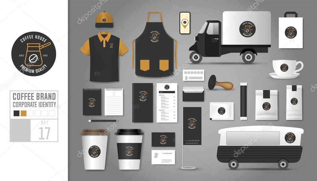 Corporate identity template Set 17. Logo concept for coffee shop, cafe, restaurant. Realistic mock up template set of car, polo shirt, apron, cap, cup, menu, rubber stamp, coupon, package, mobile application, name card, bunting.Vector illustration.