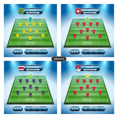 Futbol takım oyuncusu planı. Bayraklar Brezilya, İsviçre, Kosta Rika, Sırbistan ile E Grubu. 