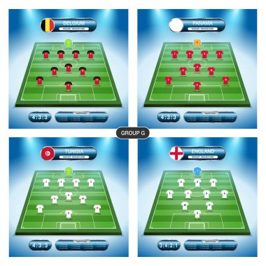 Futbol takım oyuncusu planı. Grup G bayraklı Belçika, Panama, Tunus, İngiltere. 