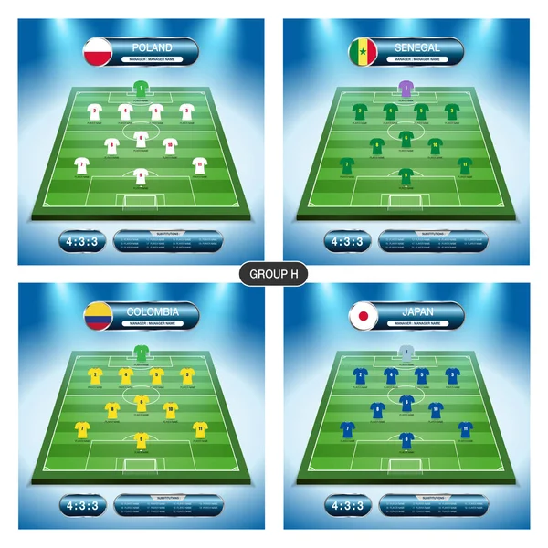 Plan de jugador del equipo de fútbol. Grupo H con banderas POLONIA, SENEGAL, COLOMBIA, JAPÓN . — Vector de stock