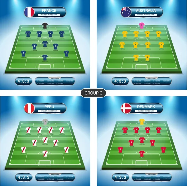 Fotbalový Plán Týmový Hráč Skupina Příznaky Francie Austrálie Peru Dánsko — Stockový vektor