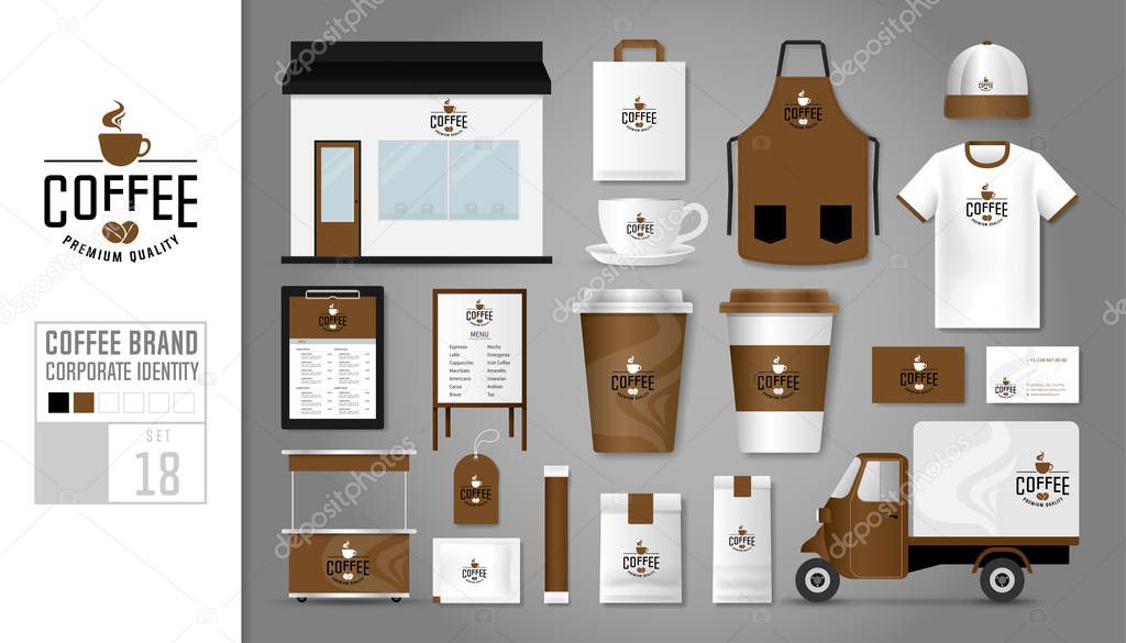 Corporate identity template Set 18. Logo concept for coffee shop, cafe, restaurant. Realistic mock up template set of store, car, t-shirt, apron, cap, cup, menu, package, name card, kiosk, tag.Vector illustration.