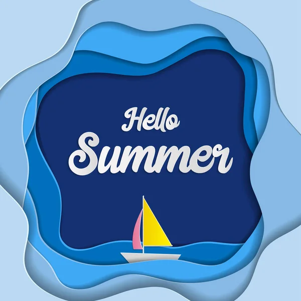 Hallo Sommer Hintergrund Verwendung für Grußkarte, Einladung, Banner, Tapete oder Template-Design. Papierkunststil. — Stockvektor