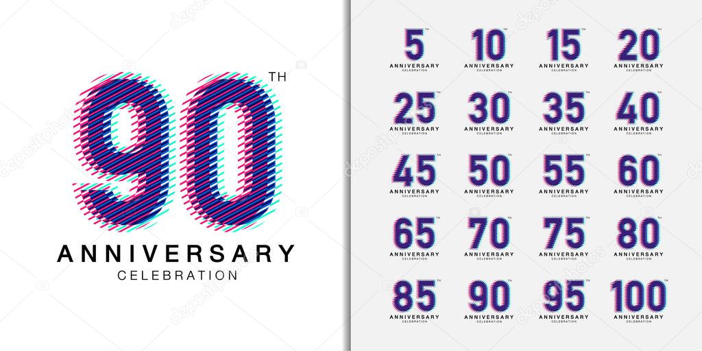 Set of trendy anniversary logotype. Multicolor anniversary celebration.