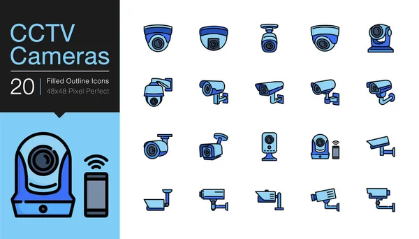 Caméras CCTV & systèmes de caméras de sécurité icônes. Icônes de contour remplies . — Image vectorielle