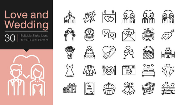 Love and Wedding icons. Modern line design.
