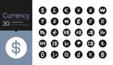 Para birimi simgeleri. Gylph simge tasarımı. Sunum için, grafik tasarımı, mobil uygulama, web tasarımı, bilgi grafikleri, UI. Vektör illüstrasyonu.