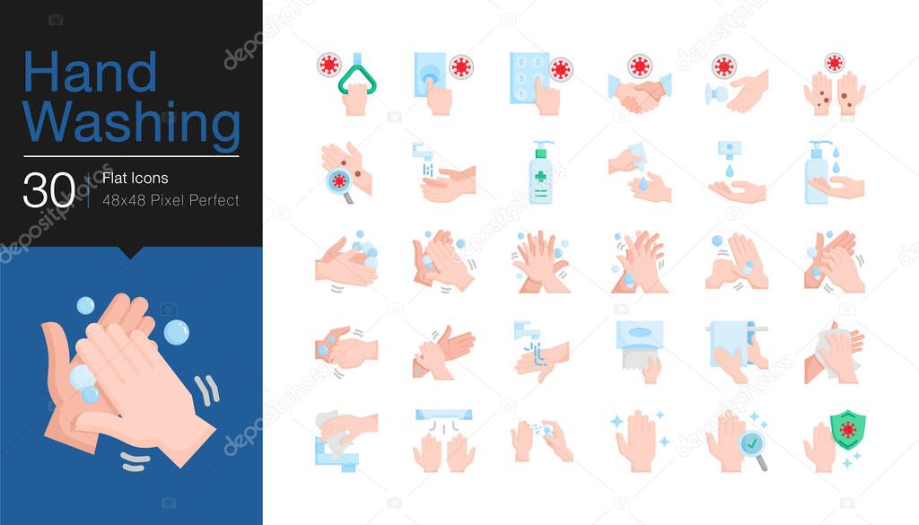 Hand washing icons. Hygiene care, antibacterial, protect from coronavirus (covid-19). Flat design. For presentation, graphic design, mobile application or UI. Vector illustration.