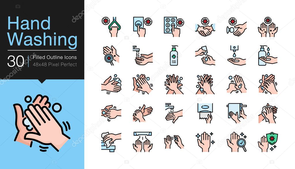 Hand washing icons. Hygiene care, antibacterial, protect from coronavirus (covid-19). Filled outline design. For presentation, graphic design, mobile application or UI. Vector illustration.
