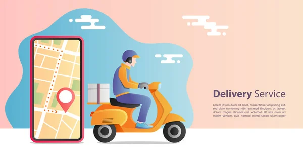 Çevrimiçi Hızlı Teslimat Konsepti Mobil Uygulaması Olan Motosikletli Bir Teslimatçı — Stok Vektör