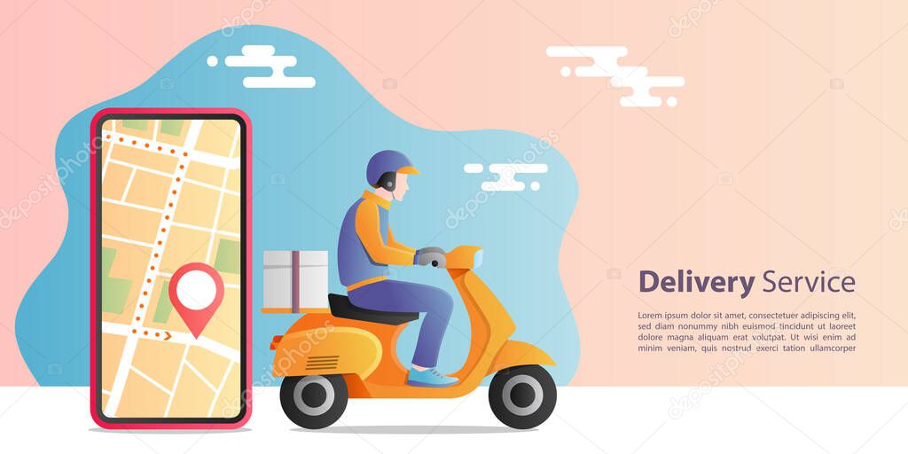 Online express delivery concept. Delivery man riding scooter motorcycle for service with location mobile application. E-commerce concept. Vector illustration.