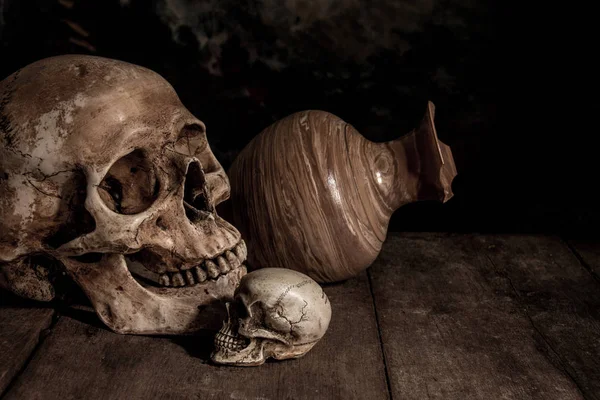 Still Life com um crânio no fundo de madeira — Fotografia de Stock